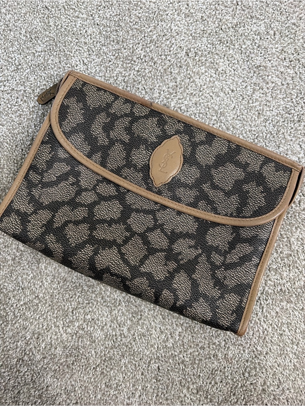 Yves Saint Laurent Brown Patterned Clutch with Tan Trim